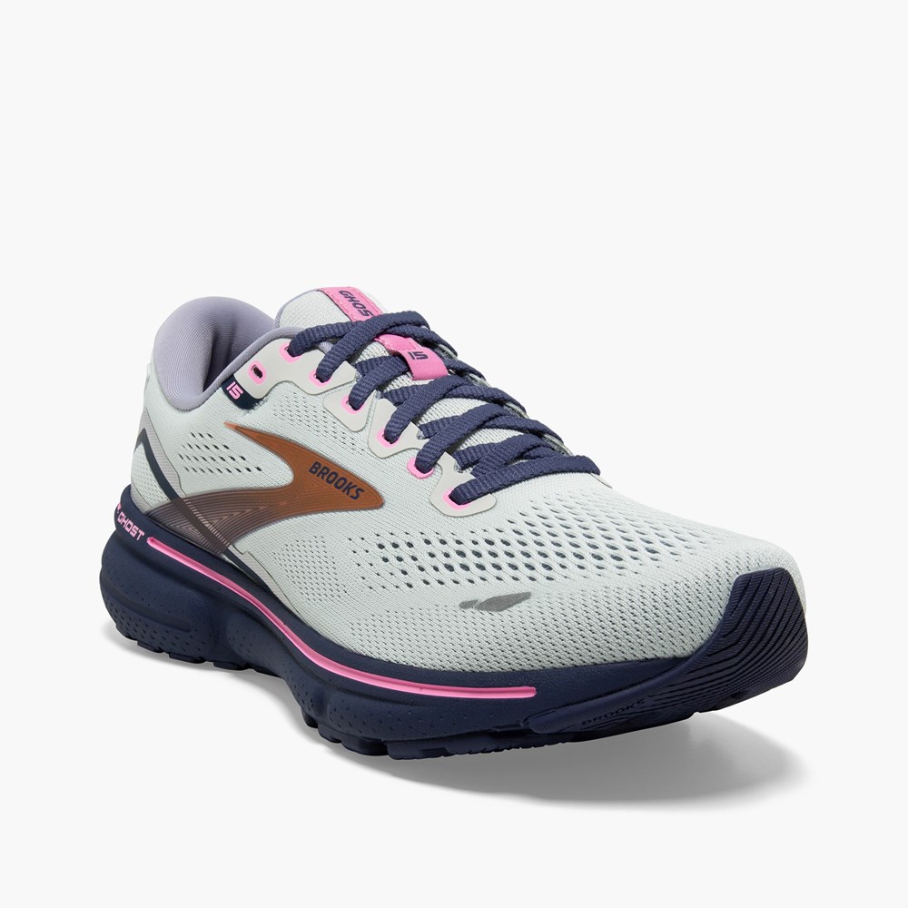 White / Grey / Blue Women Brooks Ghost 15 Cushioned Road Running Shoes | SCKX42786